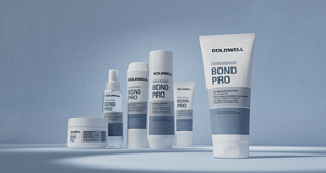 Group shot of Goldwell's Dualsenses BondPro range with Inter-Amino-Bond-Builder that strengthens weak, fragile hair that is prone to breakage. Including the Bond Pro Fortifying Shampoo, Fortifying Conditioner, Repair & Structure Spray, Day & Night Bond booster and 60 Sec Treatment