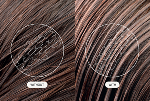 Close-up microscopic comparison of hair with and without Goldwell's Dualsenses Instant Smart Care technology, showing how the formula instantly smooths and repairs the hair surface for visibly healthier-looking results