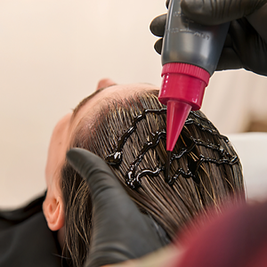  Goldwell Elumen collage small image showing a stylist applying Elumen Color to a client’s hair with a nozzle applicator while wearing black gloves.
