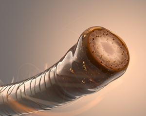 Goldwell Elumen technology asset showing a close-up 3D hair fibre cross-section with translucent outer layers, golden particles and a warm beige background.