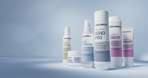 Goldwell Dualsenses hero banner featuring Dualsenses packshots against a blue background
