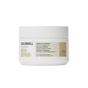 Goldwell Dualsenses Rich Repair haircare products shown as shampoo, conditioner, treatment and serum packaging arranged together on a light grey studio background.