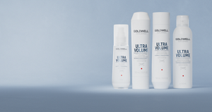 Group shot of Goldwell's Dualsenses Ultra Volume range with Rice Protein that revives and boosts fine to limp hair. Including Bodifying Shampoo, Bodifying Conditioner, Bodifying Spray and Bodifying Dry Shampoo