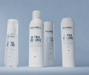 Group shot of Goldwell's Dualsenses Ultra Volume range with Rice Protein that revives and boosts fine to limp hair. Including Bodifying Shampoo, Bodifying Conditioner, Bodifying Spray and Bodifying Dry Shampoo