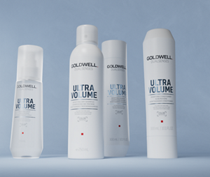 Group shot of Goldwell's Dualsenses Ultra Volume range with Rice Protein that revives and boosts fine to limp hair. Including Bodifying Shampoo, Bodifying Conditioner, Bodifying Spray and Bodifying Dry Shampoo
