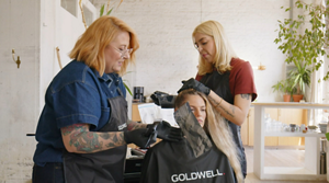 Model posing for Blonde Made Better Product by Goldwell
