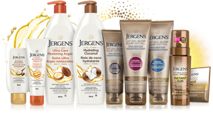 Family of Jergens lotions and sunless tanning products with yellow background