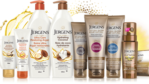 Family of Jergens lotions and sunless tanning products with yellow background