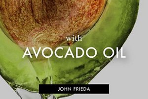 Close-up of an avocado with oil leaking from it with John Frieda branding