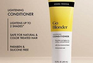 Graphic showing the benefits of John Frieda's lightening blonde conditioner