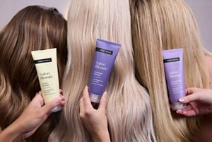 Set of three toners for blonde hair set against three blonde women