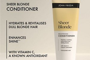 Graphic showing the benefits of John Frieda's Sheer Blonde Brightening Conditioner
