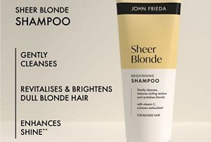 Graphic showing the benefits of using John Frieda's Sheer Blonde Brightening Shampoo