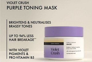 Graphic showing the benefits of John Frieda's purple toning mask