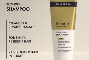 Graphic showing the benefits of using John Frieda's Blonde+ Repair shampoo