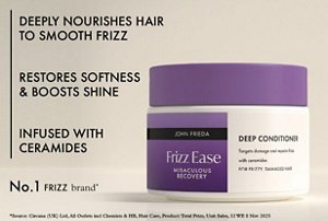 Graphic showing the benefits of John Frieda's deep conditioner for dry, frizzy hair