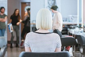 Woman with a platinum blonde bob