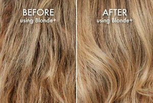 Graphic showing the before and after effects of using John Frieda's Blonde+ range
