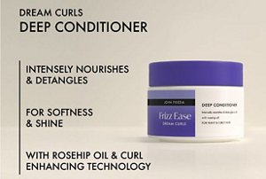 Graphic showing the benefits of using John Frieda's deep conditioner for curls