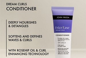 Graphic showing the benefits of John Frieda's conditioner for curls