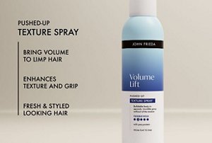 Graphic showing the benefits of John Frieda's Volume Lift Texturising Spray