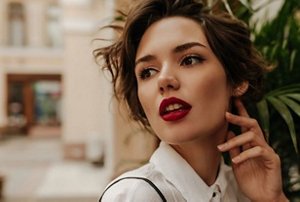 Elegant woman with layered French bob haircut