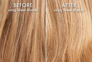 Graphic showing the before and after effects of using the Sheer Blonde range
