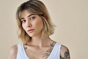 Woman with a long bob haircut with balayage