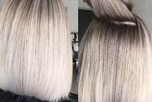 Woman with ash blonde hair showing the before and after effects of getting a root melt