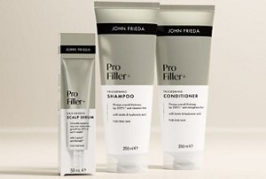 John Frieda's hair-densifying scalp serum alongside PROfiller+ shampoo and conditioner