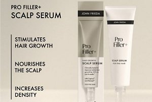 Graphic showing the benefits of using John Frieda's scalp serum