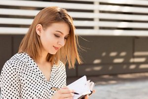 Woman with a styled long bob haircut