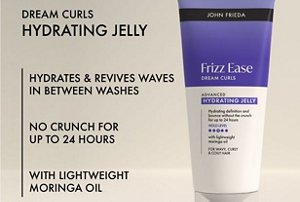 Graphic showing the benefits of John Frieda's no-crunch curl jelly
