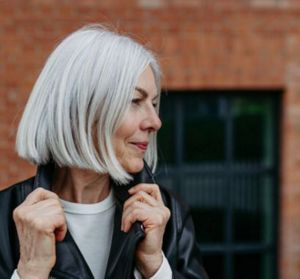 Glamourous woman over 70 with a long bob hairstyle