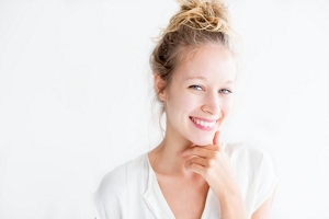 Blonde woman with messy bun