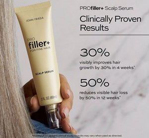 Woman holding a tube of John Frieda's scalp serum with accompanying claims