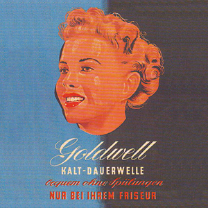 Drawn woman with blond perm on blue background in retro style