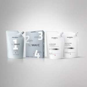 Four Goldwell products with sustainable packaging and grey background