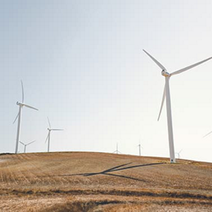 Wind turbines on a field with blue sky