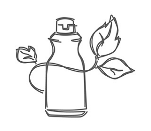 A scribbled drawing of a hair product bottle wrapped in leaves
